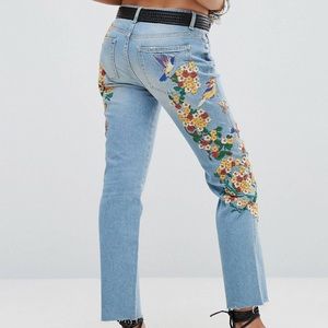 Free People Bird & Floral Embroidered Cropped Girlfriend Jean - Size 26